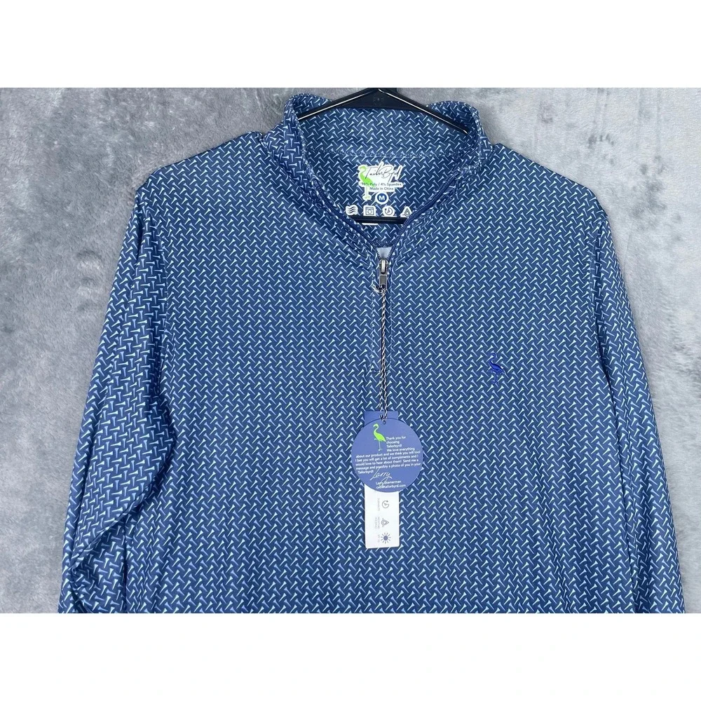 NWT TailorByrd Mens Medium Performance Quarter Zip Pullover Blue Golf Tee Print